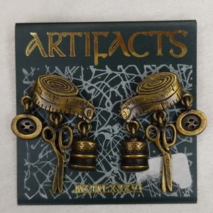 Artifacts Vintage Sewing Theme Earrings Scissors, Thimble & Button Charms Crafty